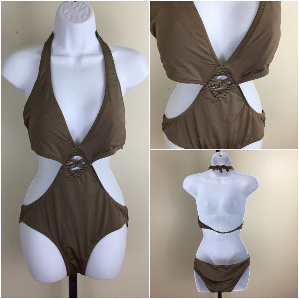BCBGMAXAZRIA Cut Out Braid Halter Bathingsuit Swim